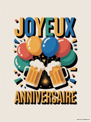 Carte virtuelle anniversaire homme, bières et ballons animés, musique festive.