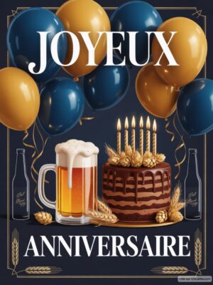 Carte virtuelle anniversaire homme, bière et gâteau chocolat, ballons bleus et dorés