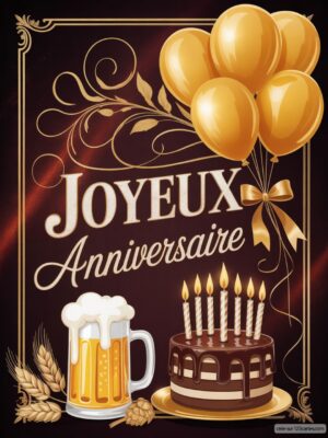 Carte virtuelle anniversaire homme, bière et gâteau, ballons dorés animés