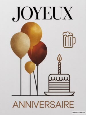 Carte virtuelle anniversaire homme, ballons dorés, gâteau et bière, avec animations.