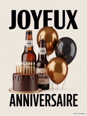 Carte virtuelle anniversaire homme, gâteau chocolat, bières et ballons dorés et noirs, interactive.