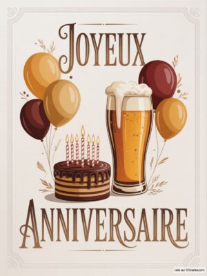 Carte virtuelle anniversaire homme, gâteau et bière, ballons, animations musicales