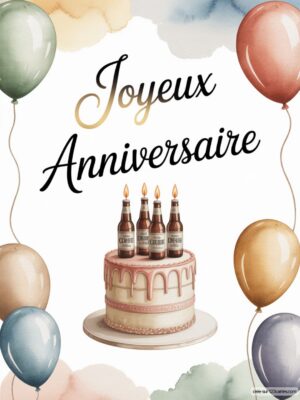 Carte virtuelle anniversaire homme, gâteau & bouteilles bière, ballons & aquarelle