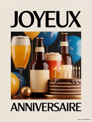 Carte virtuelle anniversaire homme, bières et gâteau, ambiance festive et numérique.