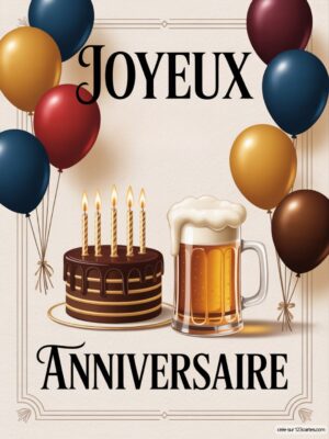 Carte virtuelle anniversaire homme, gâteau chocolat & bière, ballons colorés, animée.