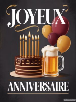 Carte virtuelle anniversaire homme, gâteau chocolat, bière et ballons, animée et musicale.