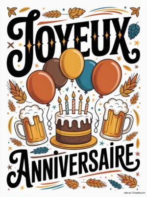 Carte virtuelle anniversaire homme, gâteau, bières et ballons, interactive et musicale.