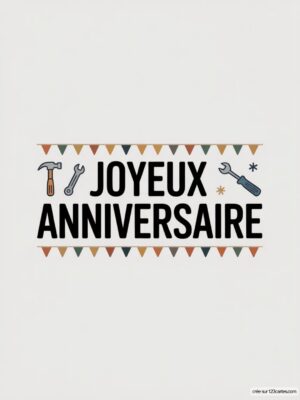 Carte virtuelle anniversaire homme, texte noir, outils et fanions colorés.