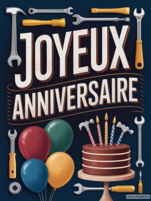 Carte virtuelle anniversaire homme, gâteau et outils, avec animations et musique.