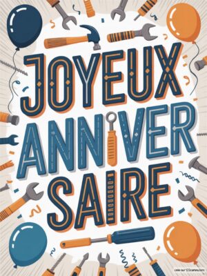 Carte virtuelle anniversaire homme, outils et ballons bleus et orangés.