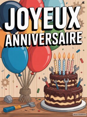 Carte virtuelle anniversaire homme, gâteau chocolat, ballons colorés, ambiance mécanique.