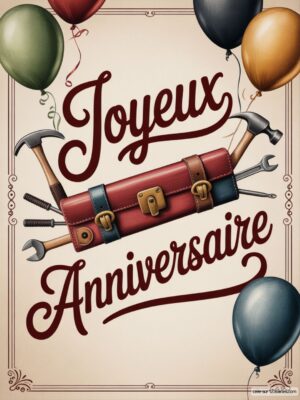 Carte virtuelle anniversaire homme, caisse à outils et ballons, animée et musicale.