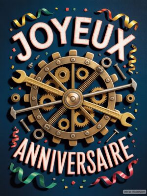 Carte virtuelle anniversaire mécanique, engrenages dorés et clés.