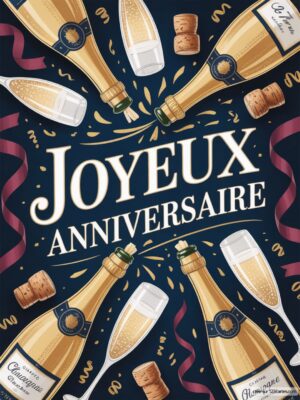 Carte virtuelle anniversaire avec bouteilles de champagne animées et fond bleu nuit.