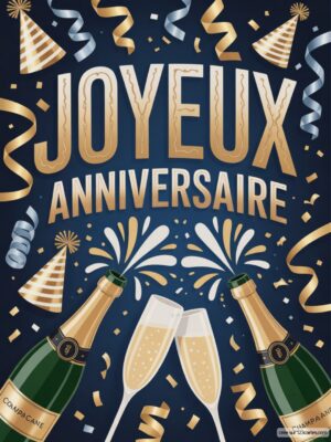 Carte virtuelle anniversaire festive, champagne et confettis dorés, animée.