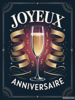 Carte virtuelle anniversaire avec coupe de champagne animée, rubans dorés et confettis.