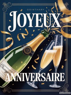 Carte virtuelle anniversaire, champagne et flûtes animées, fond bleu nuit festif.