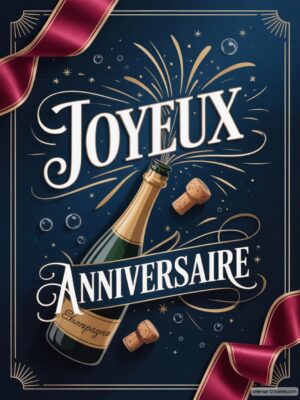 Carte virtuelle anniversaire avec champagne animé, fond bleu nuit et rubans bordeaux.