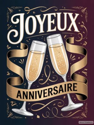 Carte virtuelle anniversaire avec flûtes de champagne animées et ruban doré, interactive.