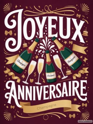 Carte virtuelle anniversaire avec champagne, design festif et doré.