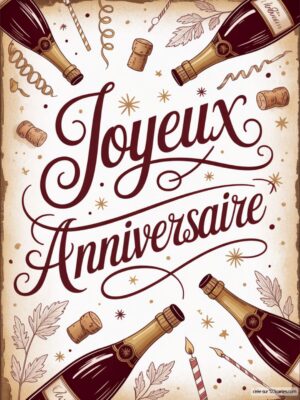 Carte virtuelle anniversaire avec bouteilles de champagne, confettis et bougies, ambiance festive.
