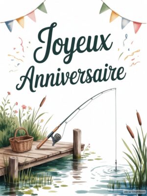 Carte virtuelle anniversaire pêcheur, quai en bois et canne à pêche animée, ambiance douce.