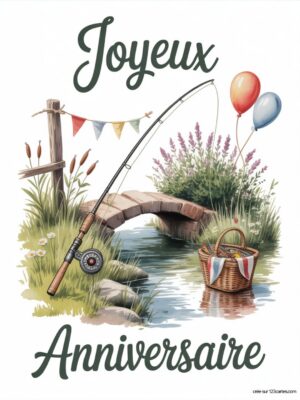 Carte virtuelle anniversaire pêcheur, scène bucolique avec canne à pêche et panier, animée.