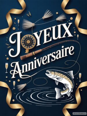 Carte virtuelle anniversaire pêcheur, avec canne, poisson et champagne, animée.