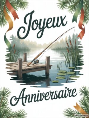 Carte virtuelle anniversaire pêcheur, paysage lacustre animé, ambiance paisible.