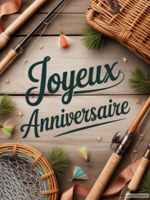 Carte virtuelle anniversaire pêcheur, cannes et mouches animées, ambiance boisée.