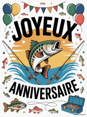 Carte virtuelle anniversaire pêcheur, poisson animé et cannes, avec animations et musique.