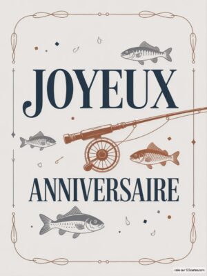 Carte virtuelle anniversaire pêcheur, canne et poissons animés, design vintage.