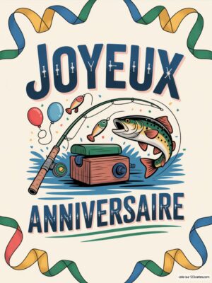 Carte virtuelle anniversaire pêcheur, canne à pêche et poisson, avec animations et musique.