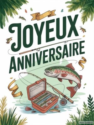 Carte virtuelle anniversaire pêche avec poisson, canne et boîte d’appâts, animée