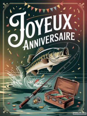 Carte virtuelle anniversaire pêcheur, poisson sautant, canne et boîte animés
