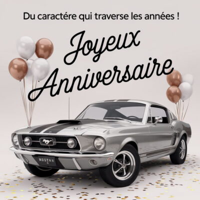 Ford Mustang grise classique entourée de ballons cuivrés sur fond élégant avec confettis dorés.