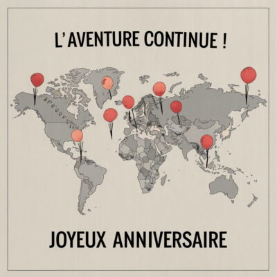 Carte minimaliste avec planisphère gris et marqueurs rouges sur fond beige uni.