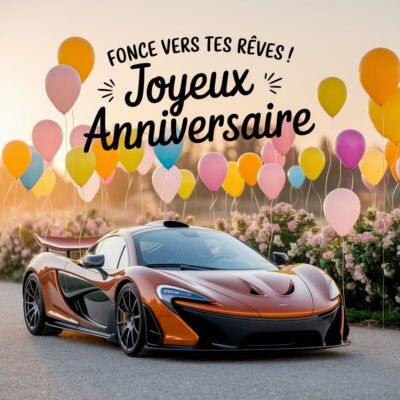 McLaren orange sportive sur route au coucher de soleil avec bouquet de ballons colorés flottants.