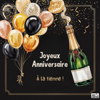 Bouteille de champagne dorée avec bouquet de ballons noirs et dorés sur fond noir élégant.