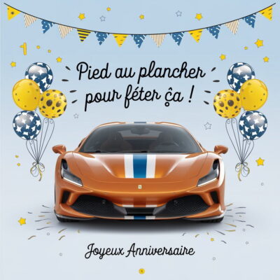 Ferrari orange avec bande bleue, ballons à pois bleus et jaunes, fanions festifs sur fond clair.