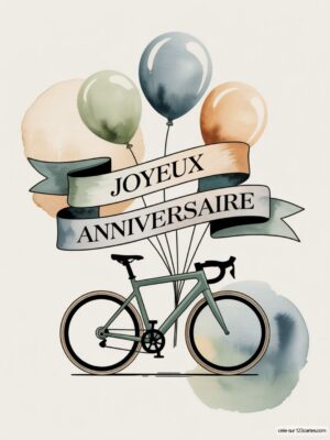 Carte virtuelle anniversaire cyclisme, vélo et ballons pastel, interactive et musicale.