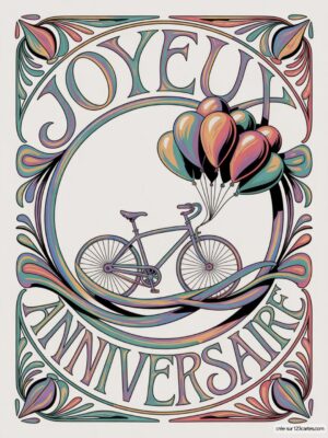 Carte virtuelle anniversaire avec vélo et ballons colorés, style Art Nouveau, animée.