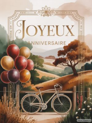 Carte virtuelle anniversaire avec ballons colorés, vélo et paysage champêtre, interactive.