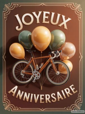 Carte virtuelle anniversaire homme, vélo orange et ballons, avec animations et musique.