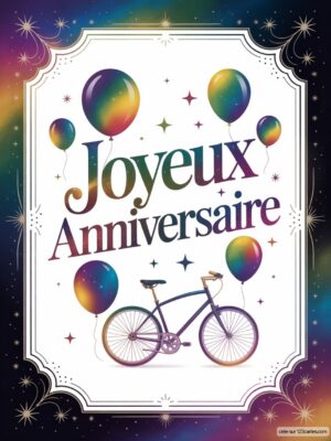 Carte virtuelle anniversaire avec vélo et ballons arc-en-ciel, fond étoilé animé.