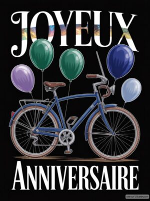 Carte virtuelle anniversaire avec vélo bleu, ballons colorés et fond étoilé animé.