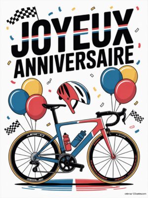 Carte virtuelle anniversaire cyclisme, vélo rouge et bleu, casque, ballons.
