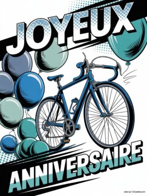 Carte virtuelle anniversaire cycliste, vélo bleu et ballons, avec animations et musique.
