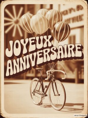 Carte virtuelle anniversaire homme, vélo vintage et ballons, ambiance rétro.