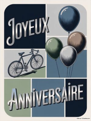 Carte virtuelle anniversaire homme, vélo et ballons bleus et verts, design graphique.